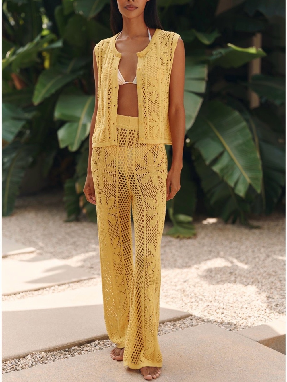Anthropologie NWT Celandine Yellow Crochet Swim Cover-Up Set Pants & Vest XS